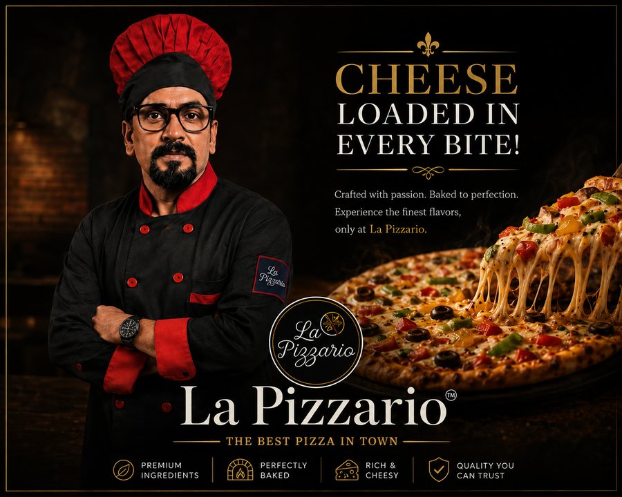 The La Pizzariô master chef, arms crossed in his kitchen beside a fresh cheese-loaded pizza